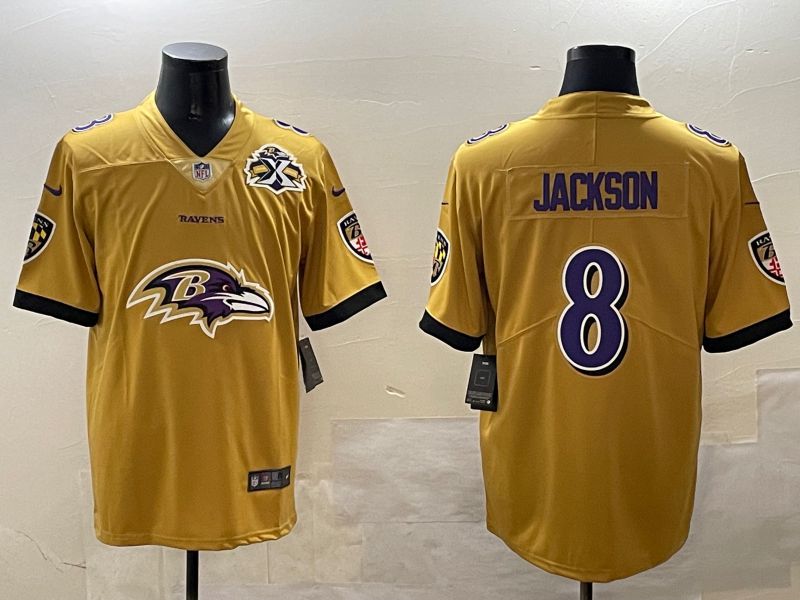 Men Baltimore Ravens #8 Jackson Yellow Nike Team Logo 2025 NFL Jersey style 1